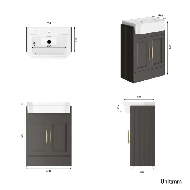 Monaco Graphite Grey Traditional Basin Vanity 600mm - Brass Knurled Handles