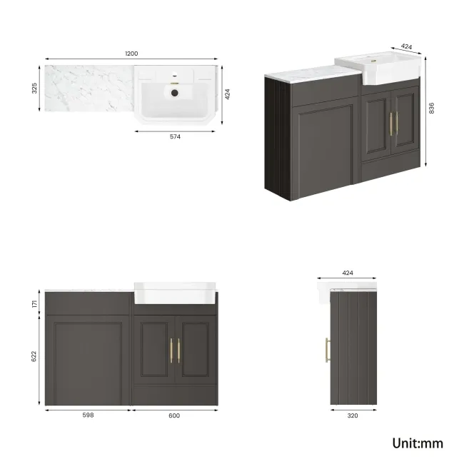 Monaco Graphite Grey Combination Vanity Traditional Basin with Marble Top 1200mm (Excludes Pan & Cistern) - Brass Knurled Handles