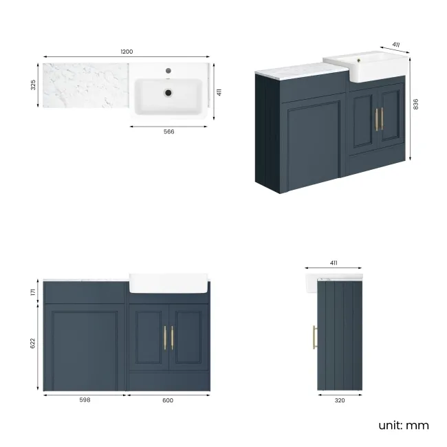 Monaco Inky Blue Combination Vanity Basin with Marble Top 1200mm (Excludes Pan & Cistern) - Brass Knurled Handles