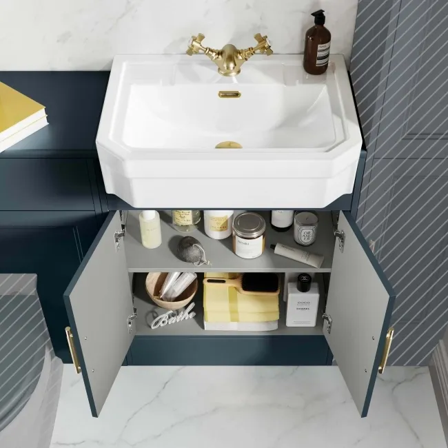 Monaco Inky Blue Traditional Basin Vanity and Back To Wall Unit 1200mm (Excludes Pan & Cistern) - Brass Knurled Handles