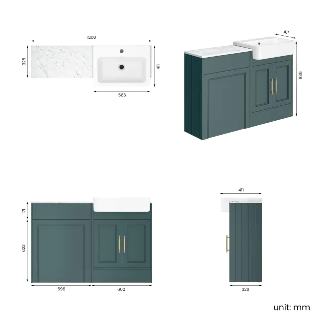Monaco Midnight Green Combination Vanity Basin with Marble Top 1200mm (Excludes Pan & Cistern) - Brass Knurled Handles
