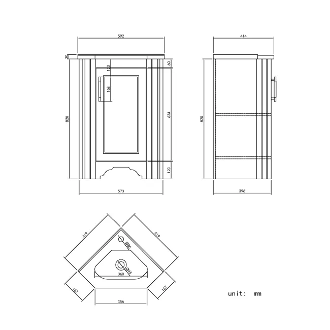 Lucia Chalk White Corner Basin Vanity 400mm - Brass Knurled Handle