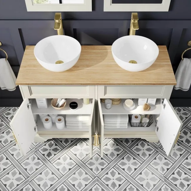 Lucia Chalk White Double Vanity with Oak Effect Top & Round Counter Top Basin 1200mm - Brass Knurled Handles