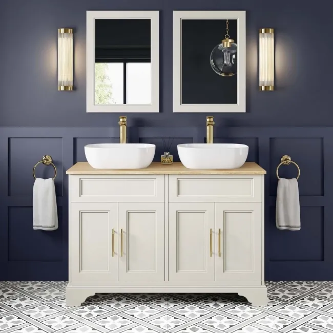 Lucia Chalk White Double Vanity with Oak Effect Top & Curved Counter Top Basin 1200mm - Brass Knurled Handles