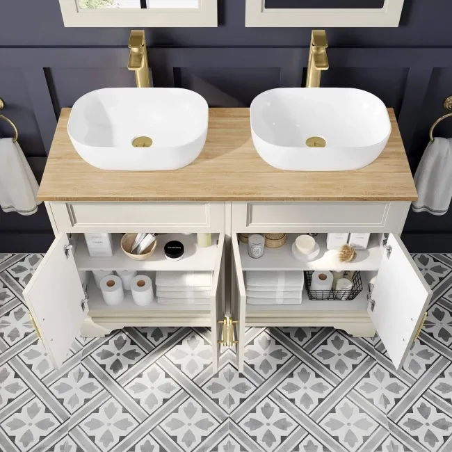 Lucia Chalk White Double Vanity with Oak Effect Top & Curved Counter Top Basin 1200mm - Brass Knurled Handles