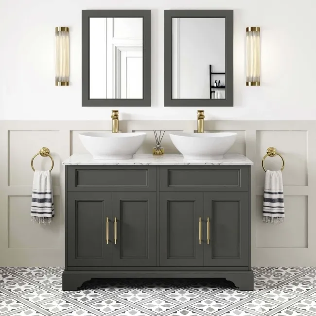 Lucia Graphite Grey Double Vanity with Marble Top & Oval Counter Top Basin 1200mm - Brass Knurled Handles