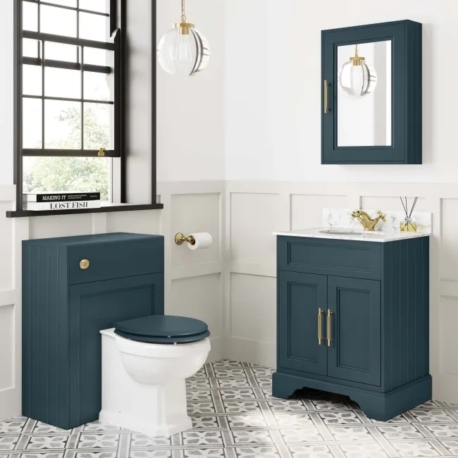 Lucia Inky Blue Vanity with Marble Top & Undermount Basin 630mm - Brass Knurled Handles