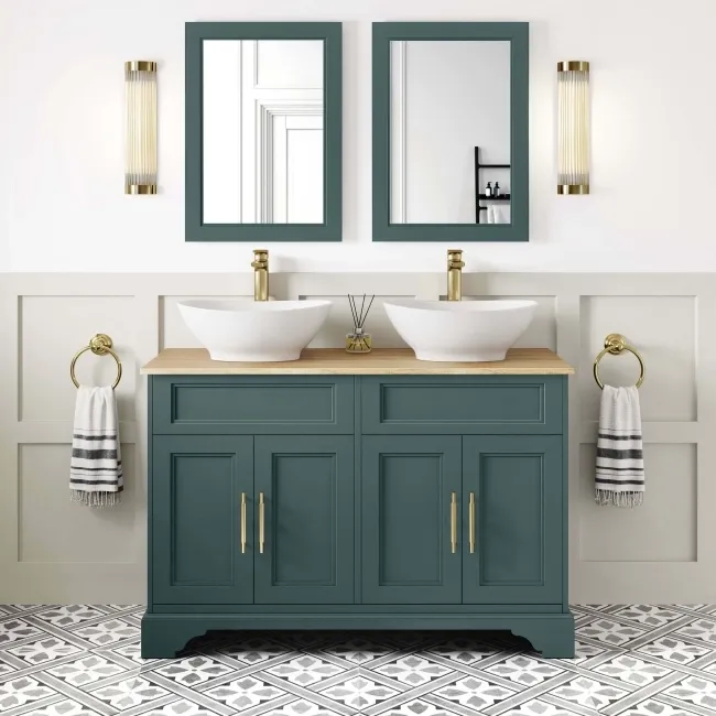 Lucia Midnight Green Double Vanity with Oak Effect Top & Oval Counter Top Basin 1200mm - Brass Knurled Handles