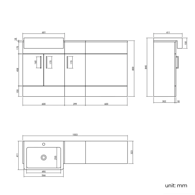 Harper Gloss White Combination Vanity Basin 1500mm (Excludes Toilet) - Brushed Brass Accents