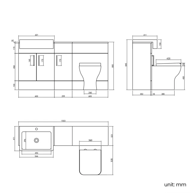 Harper Navy Blue Combination Vanity Basin and Houston Toilet 1500mm