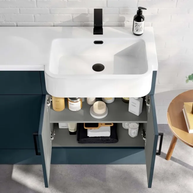 Harper Navy Blue Basin Vanity and Back To Wall Toilet Unit 1200mm (Excludes Toilet) - Black Accents - Right Handed