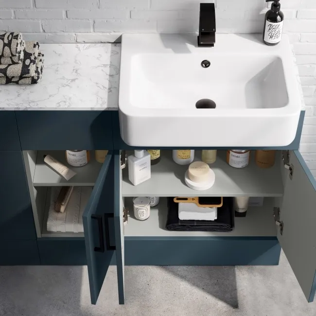 Harper Navy Blue Combination Vanity Basin with Marble Top 1500mm (Excludes Toilet) - Black Accents