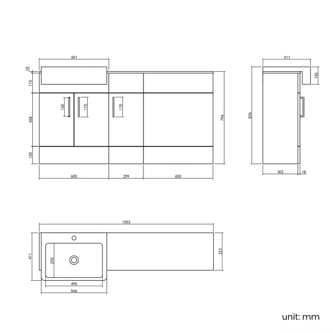 Harper Navy Blue Combination Vanity Basin with Marble Top 1500mm (Excludes Toilet) - Black Accents