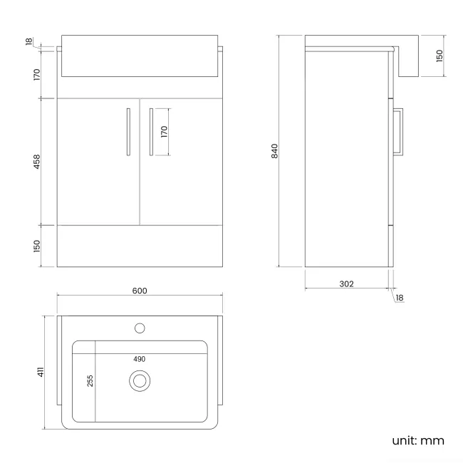 Harper Navy Blue Vanity with Semi Recessed Basin 600mm - Brushed Brass Accents