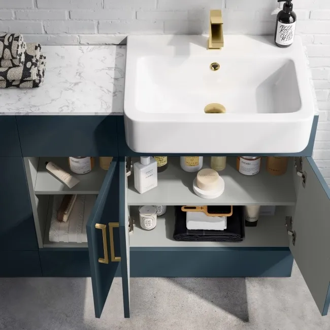 Harper Navy Blue Combination Vanity Basin with Marble Top 1500mm (Excludes Toilet) - Brushed Brass Accents