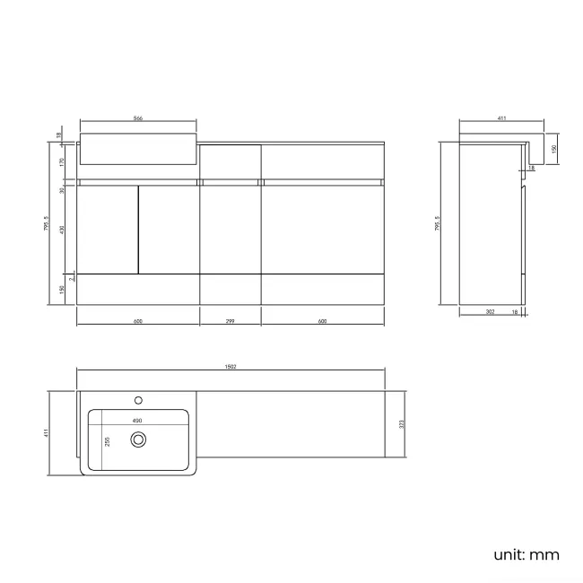Foster Tungsten Grey Combination Vanity Basin 1500mm - Excludes Toilet