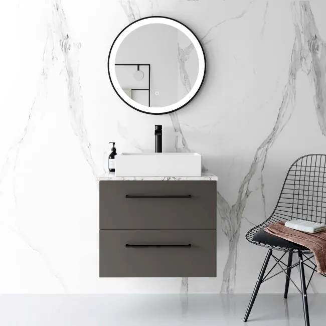 Elba Graphite Grey Wall Hung Drawer Vanity with Marble Top & Cody Basin 600mm - Black Accents