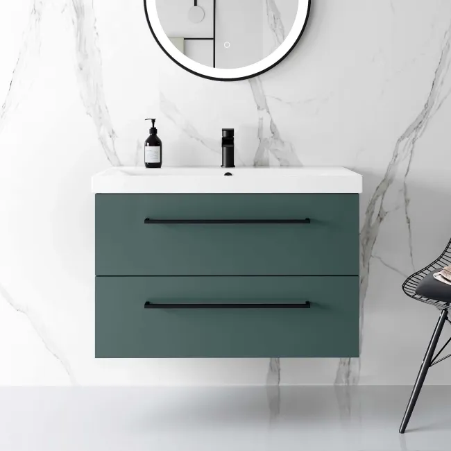 Elba Midnight Green Wall Hung Basin Drawer Vanity 800mm - Black Accents