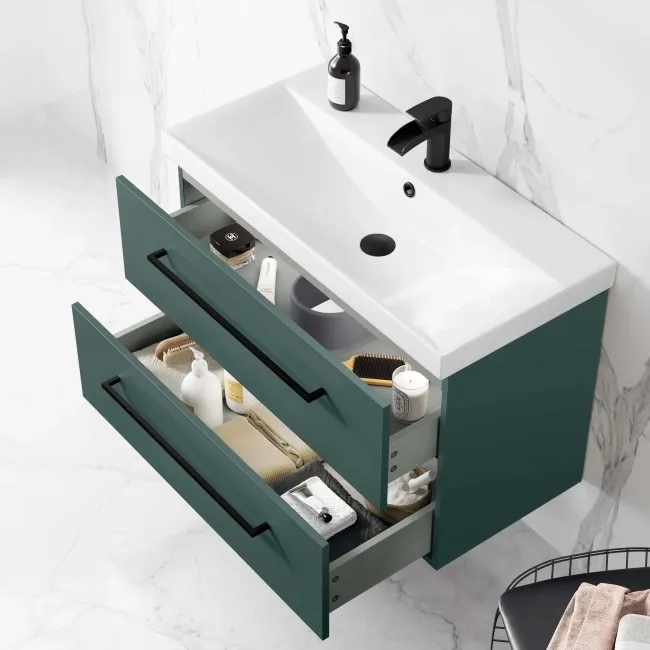 Elba Midnight Green Wall Hung Basin Drawer Vanity 800mm - Black Accents