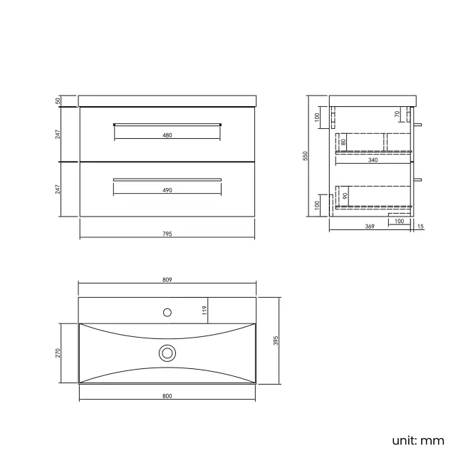 Elba Midnight Green Wall Hung Basin Drawer Vanity 800mm - Black Accents