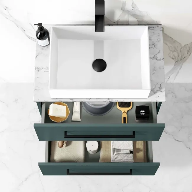 Elba Midnight Green Wall Hung Drawer Vanity with Marble Top & Cody Basin 600mm - Black Accents
