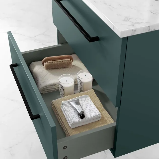 Elba Midnight Green Wall Hung Drawer Vanity with Marble Top & Cody Basin 600mm - Black Accents