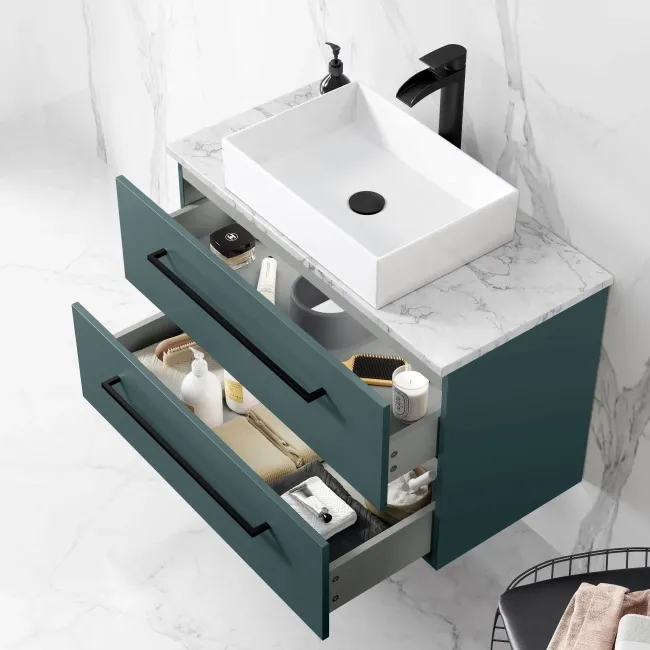 Elba Midnight Green Wall Hung Drawer Vanity with Marble Top & Cody Basin 800mm - Black Accents