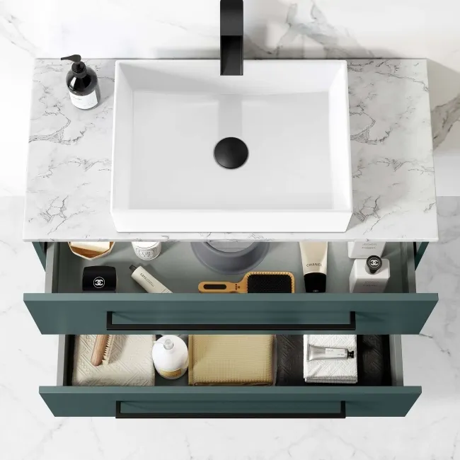 Elba Midnight Green Wall Hung Drawer Vanity with Marble Top & Cody Basin 800mm - Black Accents