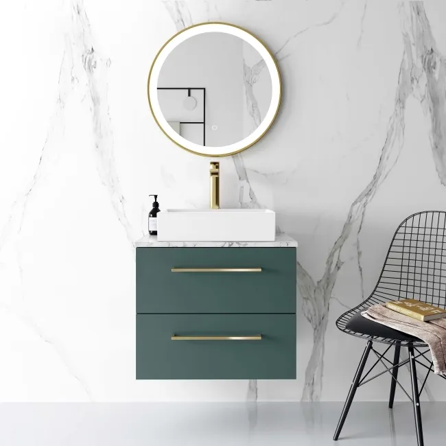 Elba Midnight Green Wall Hung Drawer Vanity with Marble Top & Cody Basin 600mm - Brushed Brass Accents