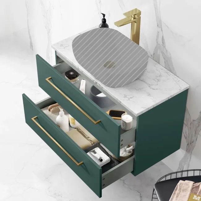 Elba Midnight Green Wall Hung Drawer Vanity 800mm (Excludes Counter Top Basin) - Brushed Brass Accents