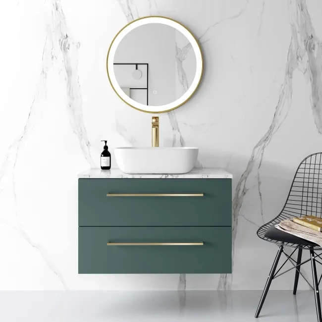 Elba Midnight Green Wall Hung Drawer Vanity with Marble Top & Curved Counter Top Basin 800mm - Brushed Brass Accents