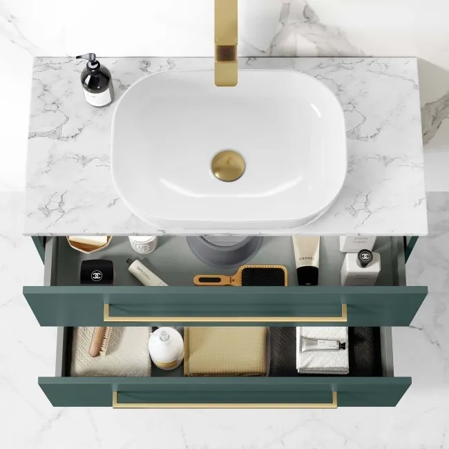 Elba Midnight Green Wall Hung Drawer Vanity with Marble Top & Curved Counter Top Basin 800mm - Brushed Brass Accents