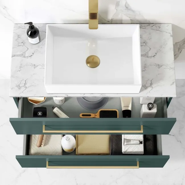 Elba Midnight Green Wall Hung Drawer Vanity with Marble Top & Cody Basin 800mm - Brushed Brass Accents
