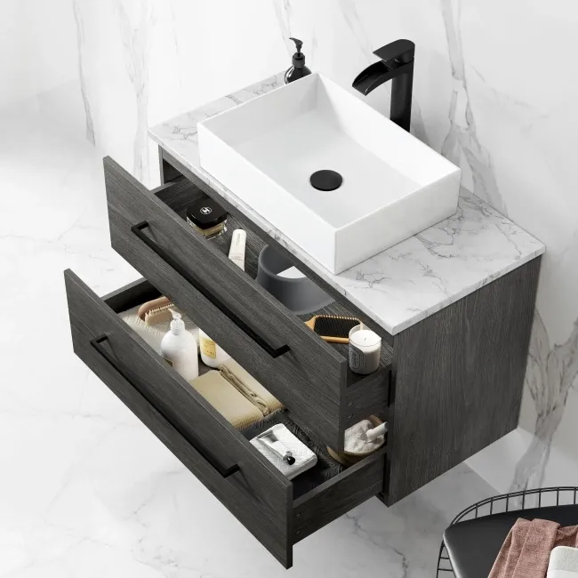 Elba Charcoal Elm Wall Hung Drawer Vanity with Marble Top & Cody Basin 800mm - Black Accents