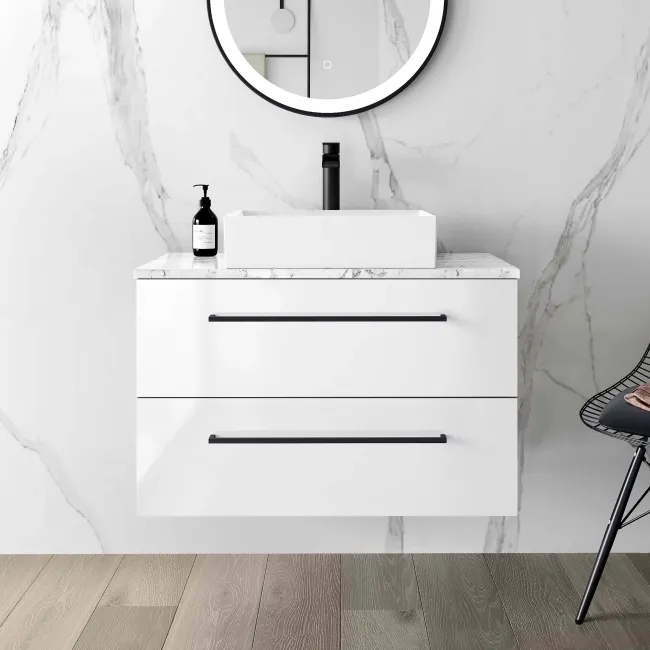 Elba Gloss White Wall Hung Drawer Vanity with Marble Top & Cody Basin 800mm - Black Accents
