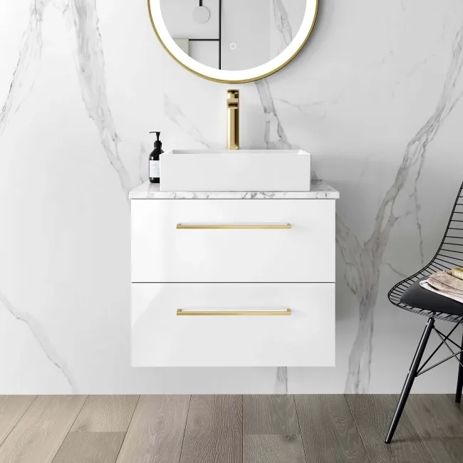 Elba Gloss White Wall Hung Drawer Vanity with Marble Top & Cody Basin 600mm - Brushed Brass Accents