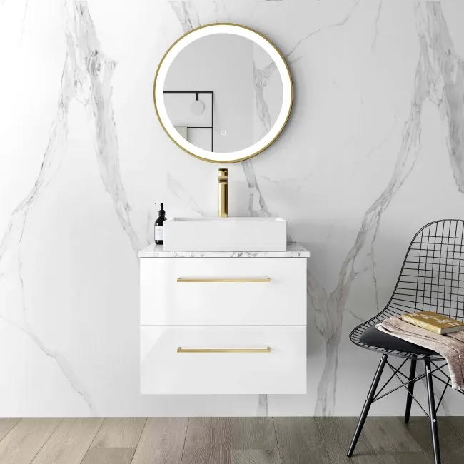Elba Gloss White Wall Hung Drawer Vanity with Marble Top & Cody Basin 600mm - Brushed Brass Accents