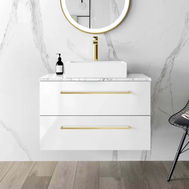 Elba Gloss White Wall Hung Drawer Vanity with Marble Top & Cody Basin 800mm - Brushed Brass Accents