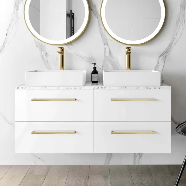 Elba Gloss White Double Wall Hung Drawer Vanity with Marble Top & Cody Basin 1200mm - Brushed Brass Accents