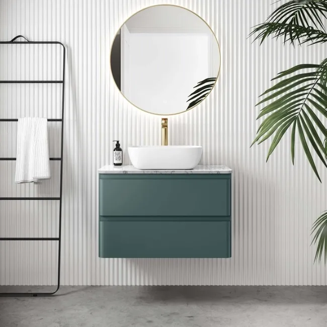 Corsica Midnight Green Wall Hung Drawer Vanity with Marble Top & Curved Counter Top Basin 800mm