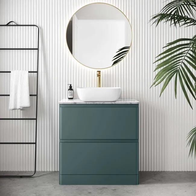 Corsica Midnight Green Vanity Drawer with Marble Top & Curved Counter Top Basin 800mm