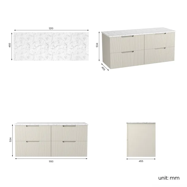Crete Fluted Linen White Double Wall Hung Drawer Vanity with Marble Top 1200mm - Excludes Counter Top Basin