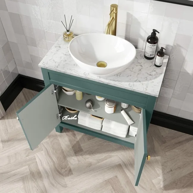 Bermuda Midnight Green Vanity with Marble Top & Oval Counter Top Basin 800mm - Brushed Brass Accents