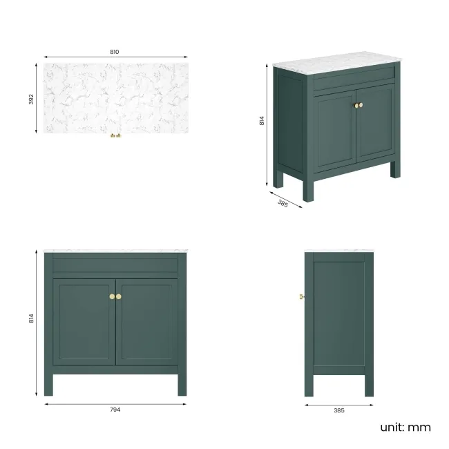 Bermuda Midnight Green Cabinet with Marble Top 800mm (Excludes Counter Top Basin) - Brushed Brass Accents
