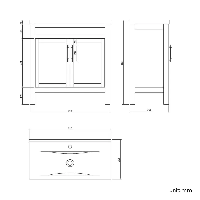 Bermuda Midnight Green Basin Vanity 800mm - Brass Knurled Handles