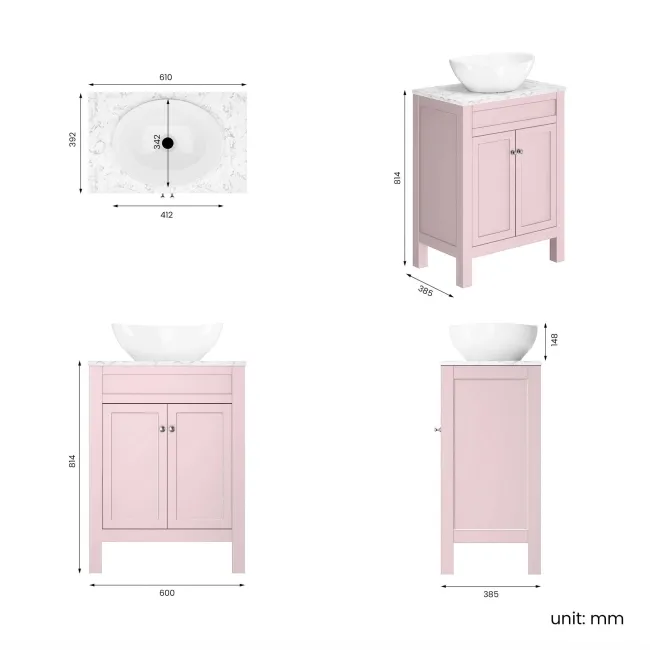 Bermuda Cashmere Pink Vanity with Marble Top & Oval Counter Top Basin 600mm