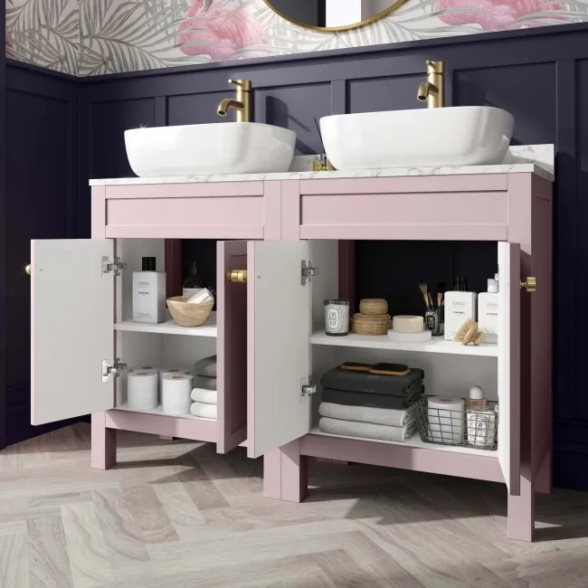 Bermuda Cashmere Pink with Marble Top & Curved Counter Top Basin 1200mm - Brushed Brass Accents