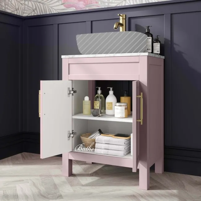 Bermuda Cashmere Pink Cabinet with Marble Top 600mm (Excludes Counter Top Basin) - Brass Knurled Handles