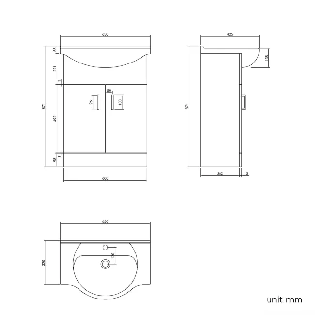 Quartz Gloss White Vanity with Semi Recessed Basin 650mm