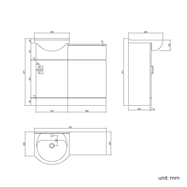 Quartz Gloss White Basin Vanity and Back To Wall Toilet Unit 950mm - Excludes Toilet